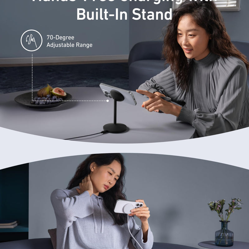 Black Anker MagGo Wireless Charger Stand with adapter and cable, designed for convenient wireless charging of compatible devices.