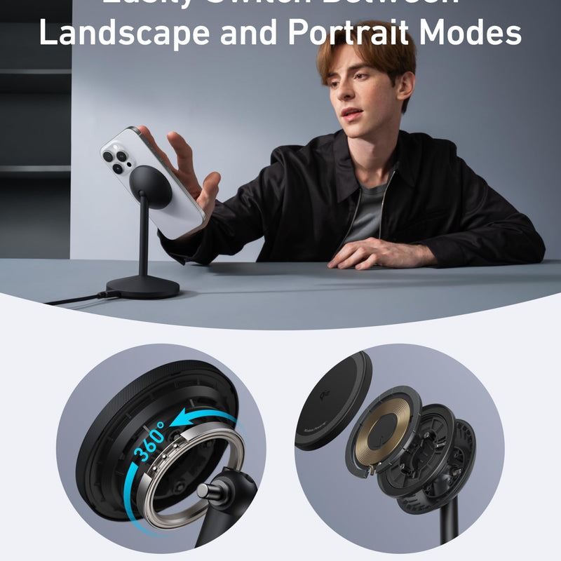 Anker MagGo wireless charger stand with adapter and cable, black stone finish, designed for fast wireless charging of compatible devices.