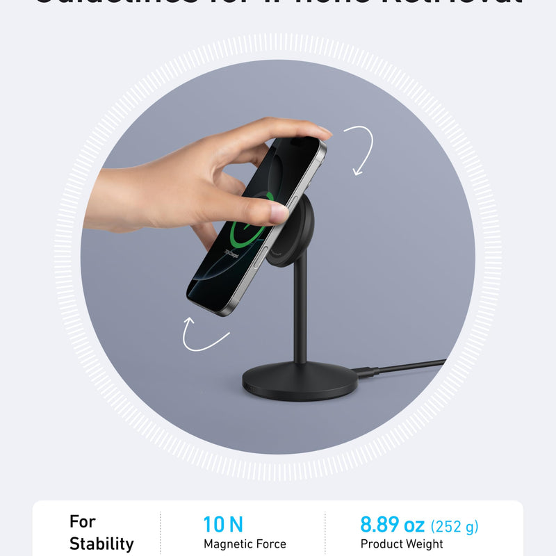 Anker MagGo Wireless Charger Stand with adapter and cable, black stone finish, designed for convenient wireless device charging.