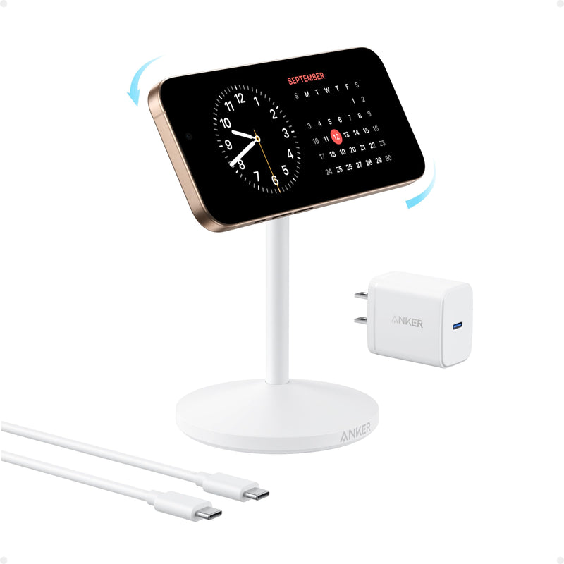 Anker MagGo wireless charger stand with adapter and cable, black stone finish for convenient phone charging.