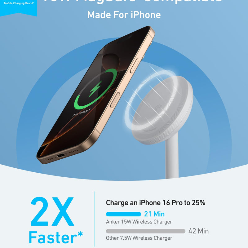 Anker MagGo Wireless Charger Stand in black with included adapter and cable, designed for convenient wireless device charging.