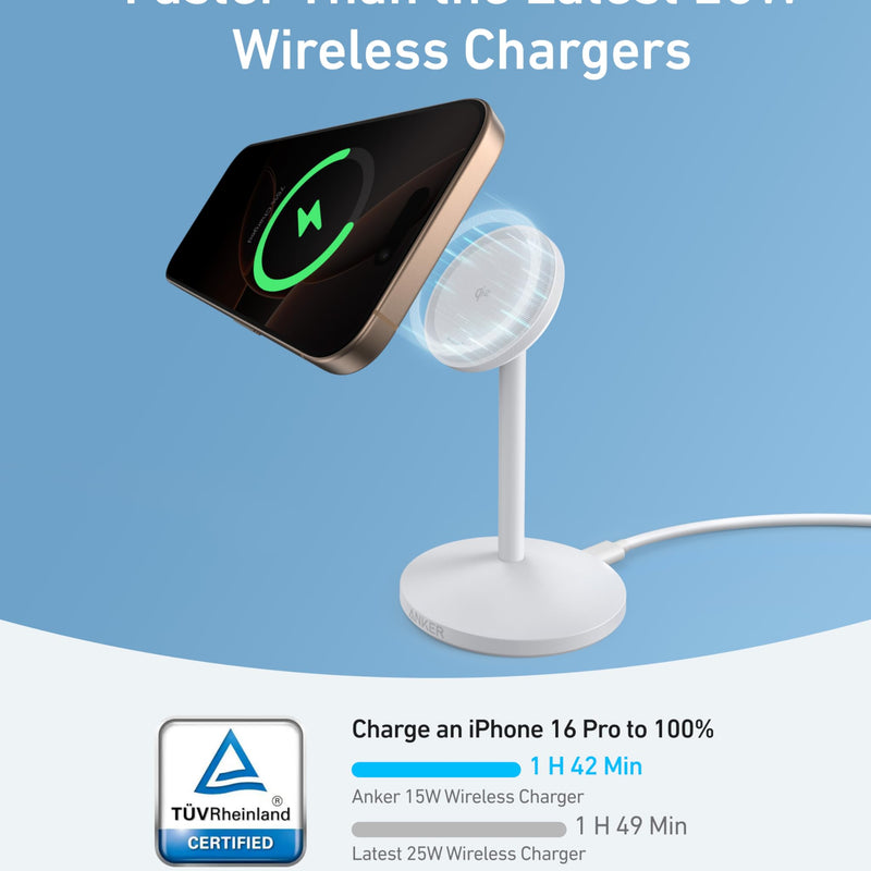 Black Anker MagGo Wireless Charger stand with adapter and cable, showcasing its sleek design and charging surface.