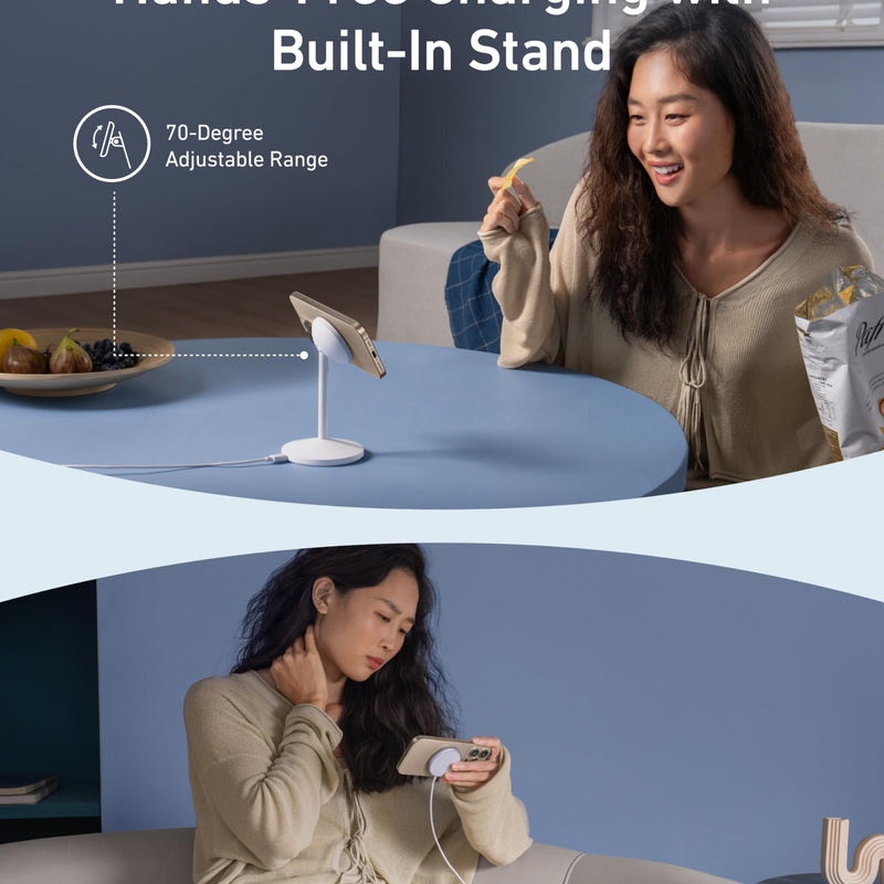 Anker MagGo wireless charger stand with adapter and cable, black stone finish, designed for fast charging smartphones.