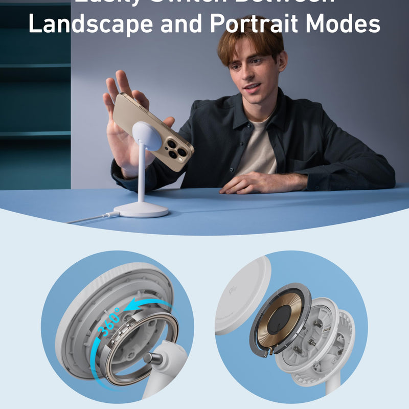 Anker MagGo Wireless Charger stand with adapter and cable, black stone finish, designed for easy wireless device charging.