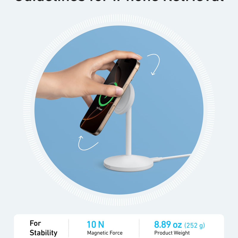 Anker MagGo wireless charger stand in black with included adapter and cable, designed for easy phone charging.
