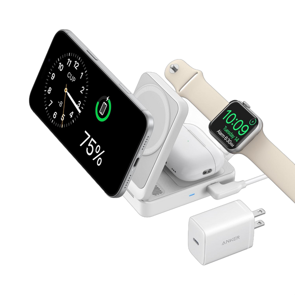 Anker MagGo wireless charging station in black, foldable 3-in-1 design for charging phone, watch, and earbuds simultaneously.