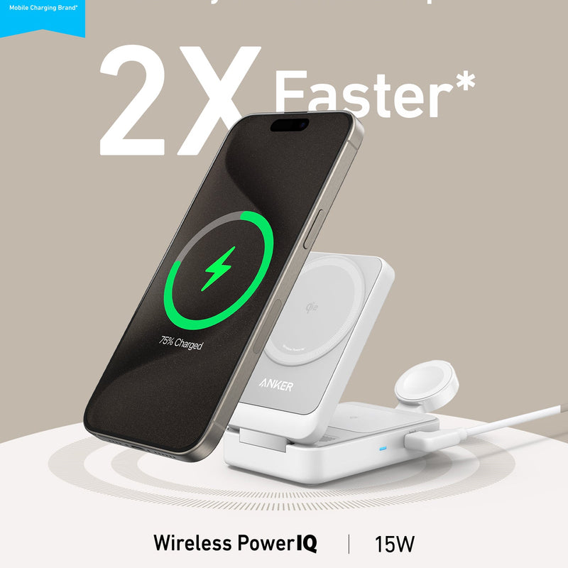 Anker MagGo Wireless Charging Station in black, foldable 3-in-1 design for charging phone, earbuds, and smartwatch simultaneously.