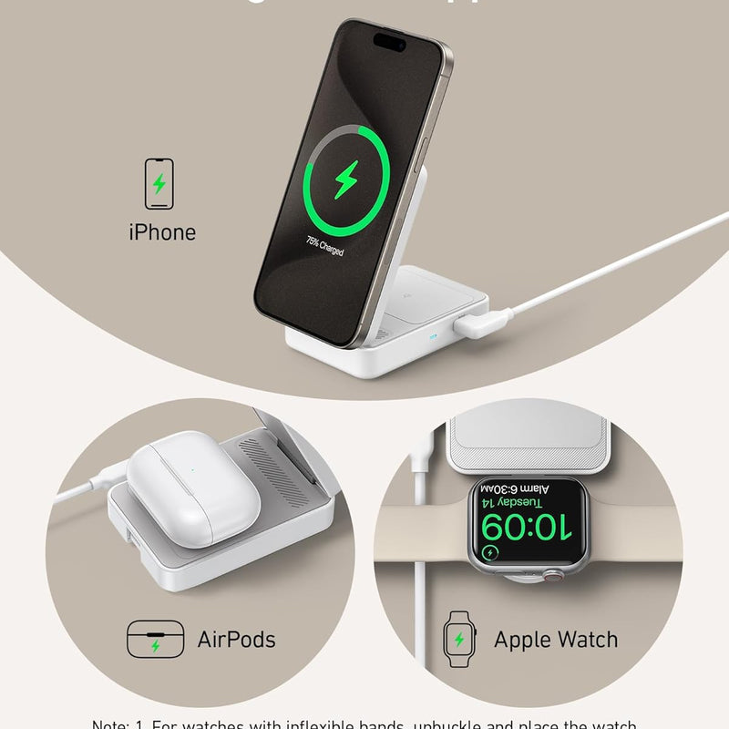 Anker MagGo wireless charging station in black, foldable 3-in-1 design with space for phone, smartwatch, and earbuds.