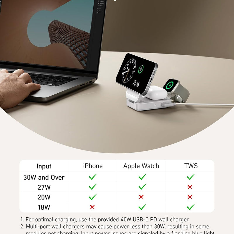 Black Anker MagGo Wireless Charging Station, foldable 3-in-1 design with multiple charging pads and sleek finish.