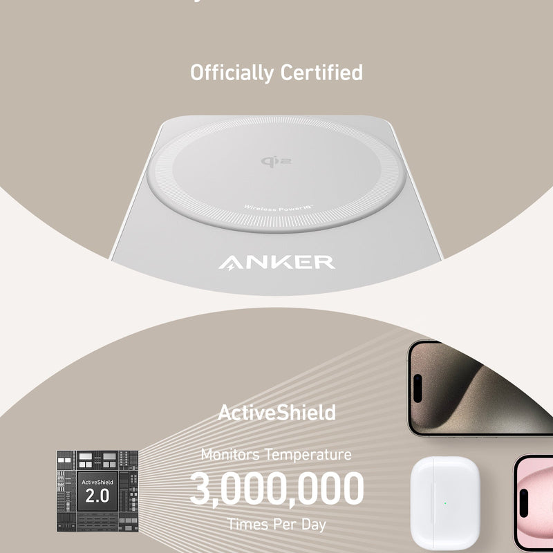 Anker MagGo wireless charging station in black, foldable 3-in-1 design with multiple charging pads for phone, watch, and earbuds.