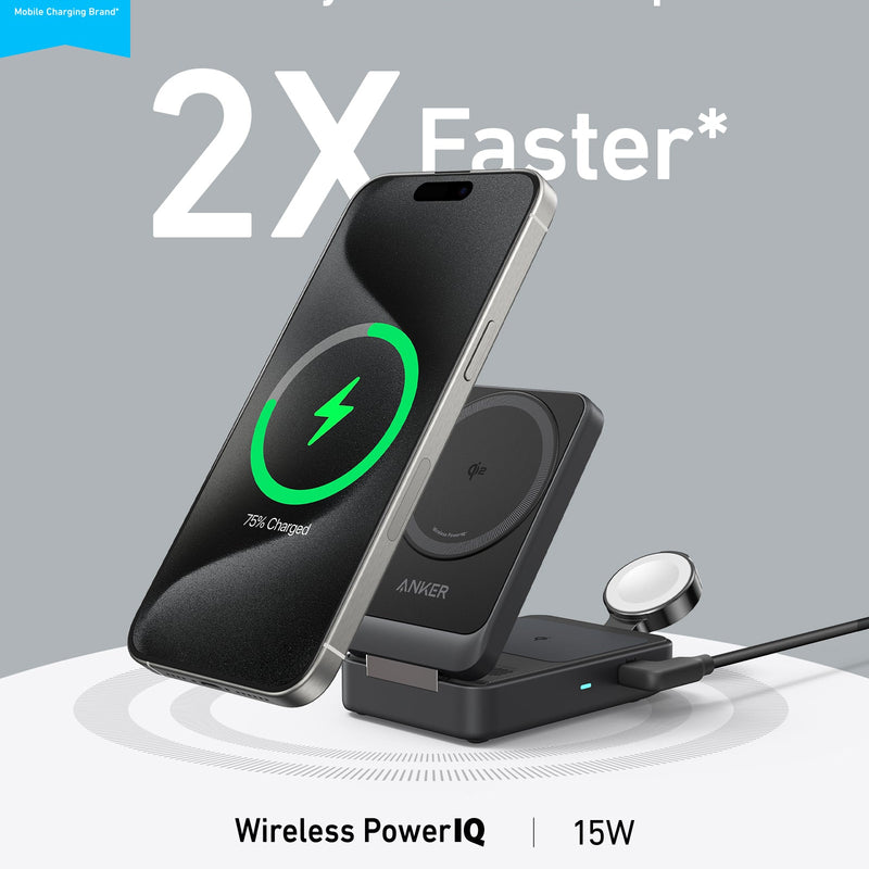 Anker MagGo Wireless Charging Station in black, foldable 3-in-1 design for charging smartphones, earbuds, and smartwatch.