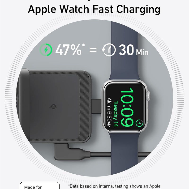 Anker MagGo wireless charging station in black, foldable 3-in-1 design with charging pads for phone, smartwatch, and earbuds.