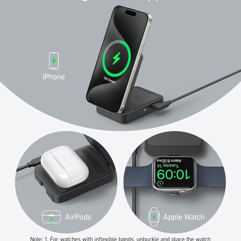 Anker MagGo wireless charging station in black, foldable 3-in-1 design for charging phone, earbuds, and smartwatch.
