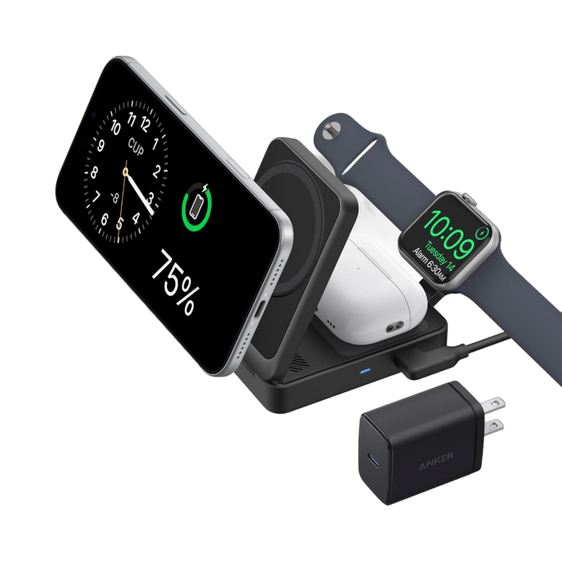 Anker MagGo Wireless Charging Station in black, foldable 3-in-1 design for smartphones, smartwatch, and earbuds.