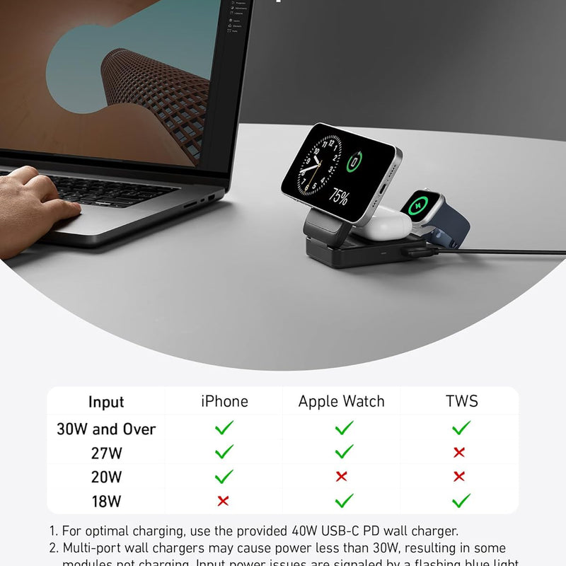 Anker MagGo wireless charging station in black, foldable 3-in-1 design for charging phone, smartwatch, and earbuds.