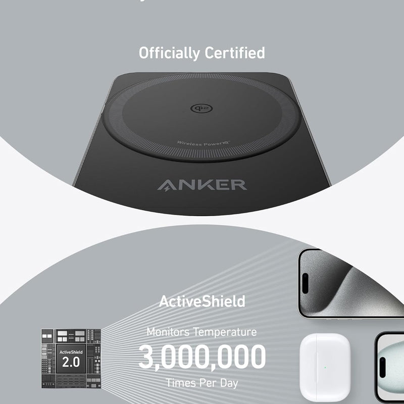Anker MagGo wireless charging station in black, foldable 3-in-1 design for charging smartphones, earbuds, and smartwatch.