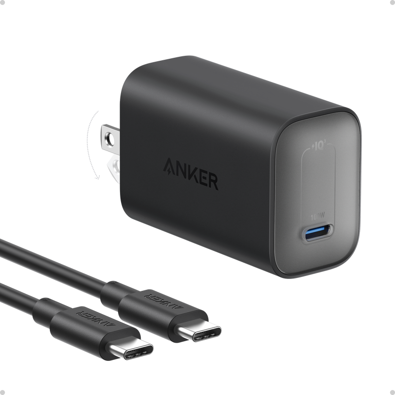 Anker Nano 100W charger with USB-C cable in black, compact portable power adapter for fast charging devices.