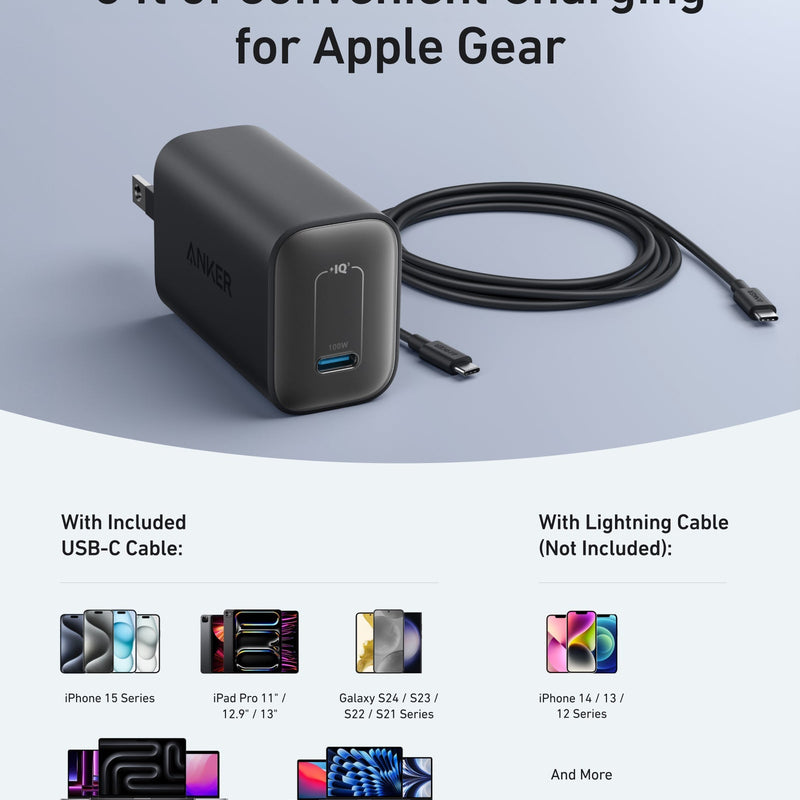 Anker Nano 100W charger with black finish and USB-C cable, compact and portable power adapter for fast charging devices.