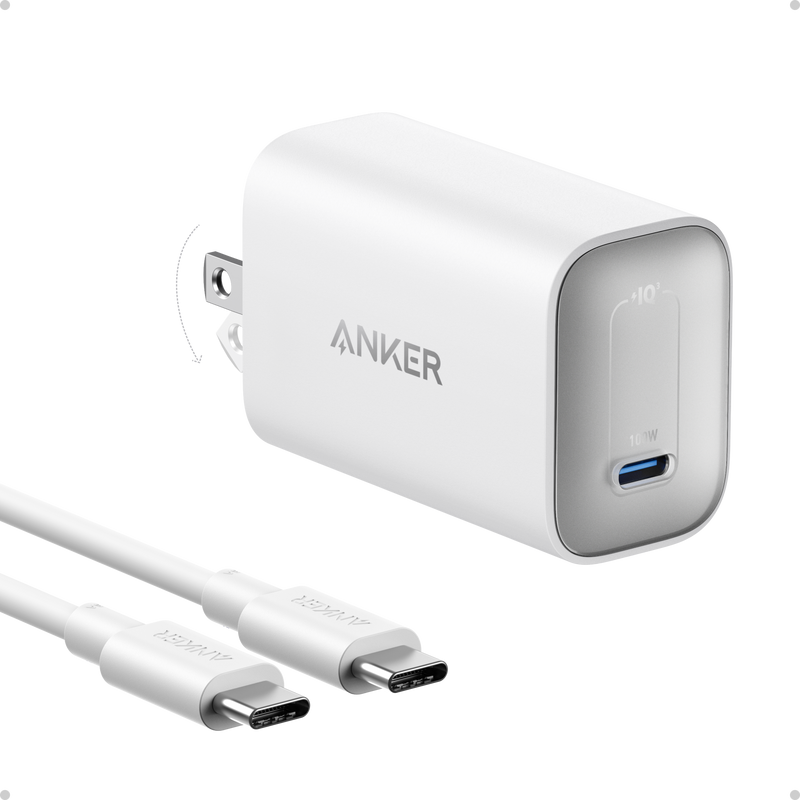 Anker Nano 100W charger with black stone finish and USB-C cable, compact fast-charging power adapter for smartphones and devices.