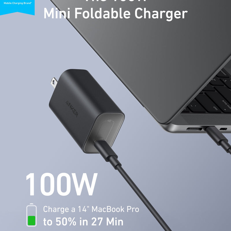 Anker Nano 100W charger with black stone finish and USB-C cable, compact fast-charging power adapter for electronic devices.