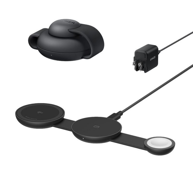 Anker MagGo 3-in-1 wireless charging station with foldable pad and black stone design, including power adapter for versatile device charging.
