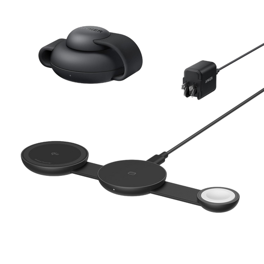 Anker MagGo 3-in-1 wireless charging station with foldable pad and black stone design, including power adapter for versatile device charging.