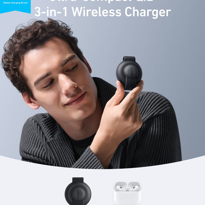 Anker MagGo 3-in-1 wireless charging station with foldable pad and black stone finish, includes charging adapter.