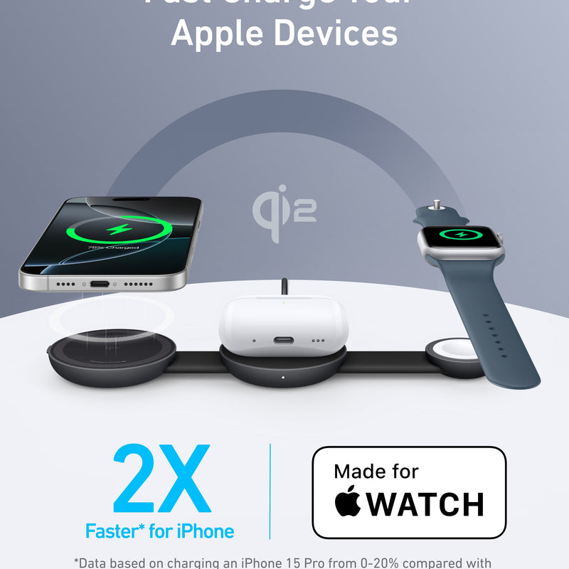 Anker MagGo 3-in-1 wireless charging station with foldable pad and black stone design, including adapter for charging multiple devices.