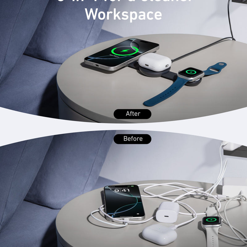 Anker MagGo 3-in-1 wireless charging station with foldable pad and black stone finish, shown with charging adapter.