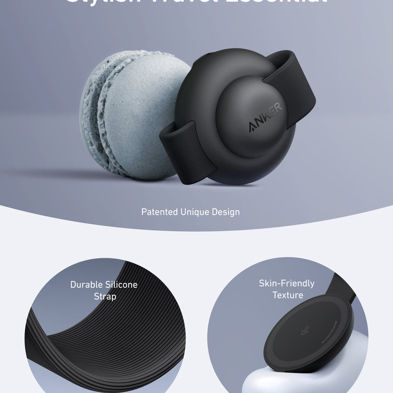 Anker MagGo 3-in-1 wireless charging station with foldable pad, black stone finish, includes adapter for charging phone, smartwatch, and earbuds.