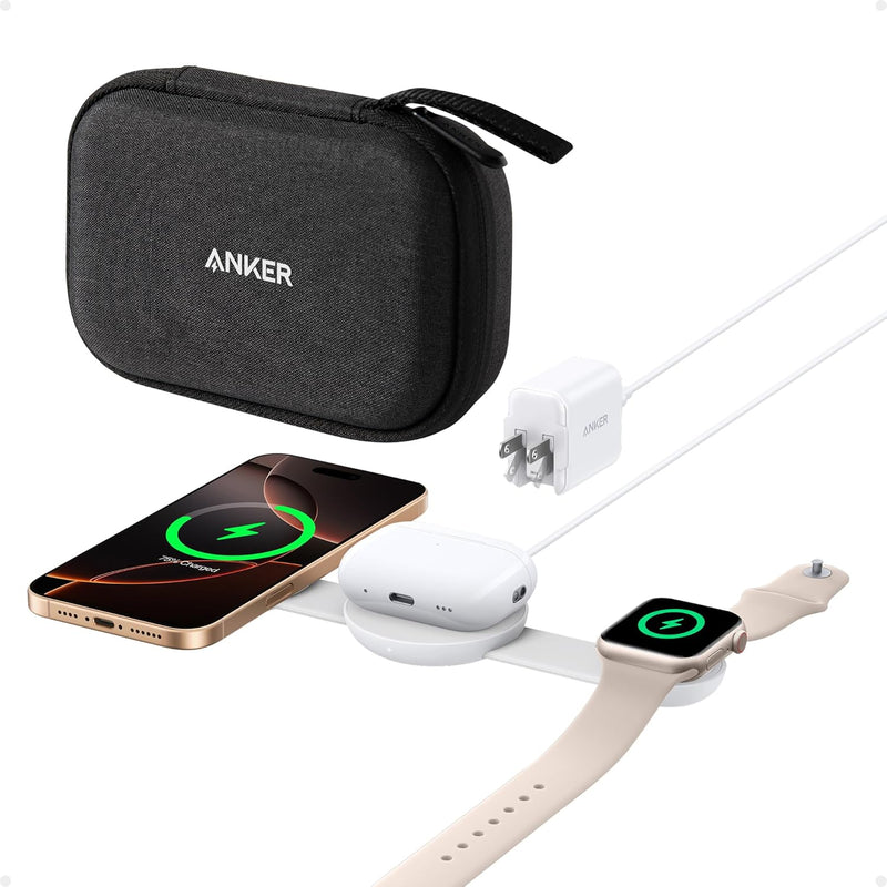 Anker MagGo 3-in-1 wireless charging station with foldable pad and adapter, black stone finish for versatile device charging.