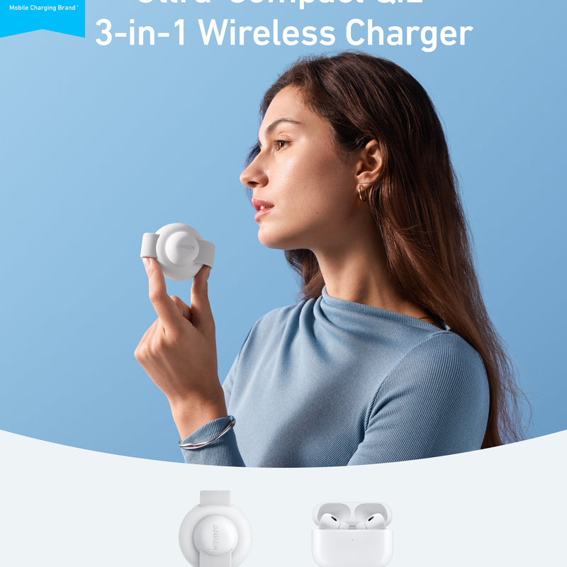 Anker MagGo 3-in-1 wireless charging station with foldable pad, black stone finish, and included charging adapter.