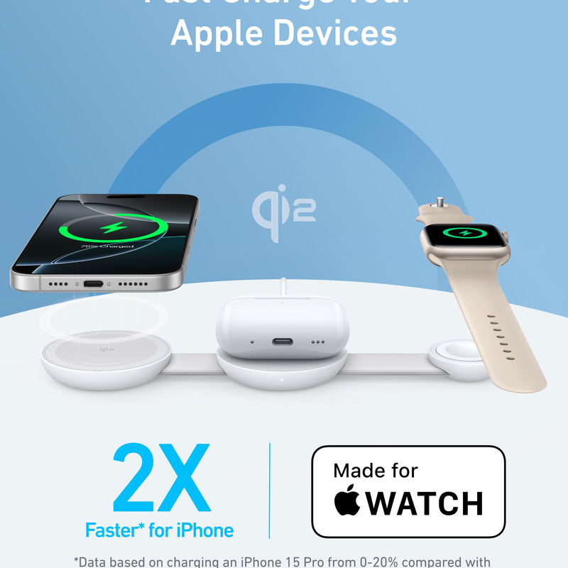 Anker MagGo 3-in-1 wireless charging station with foldable pad and black stone finish, including power adapter.