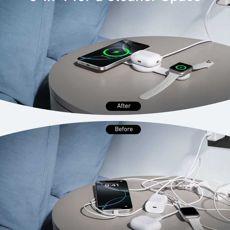 Anker MagGo 3-in-1 wireless charging station with foldable black pad and adapter for charging smartphones, earbuds, and smartwatch.