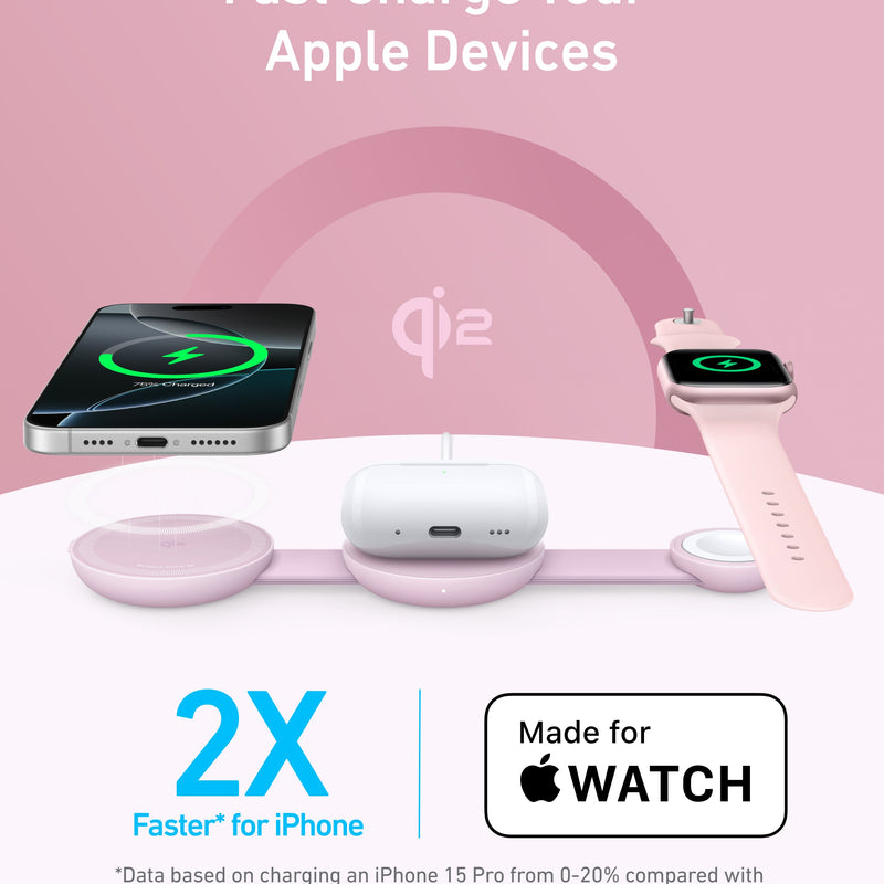Anker MagGo 3-in-1 wireless charging station with foldable pad and black stone finish, including adapter for multiple device charging.