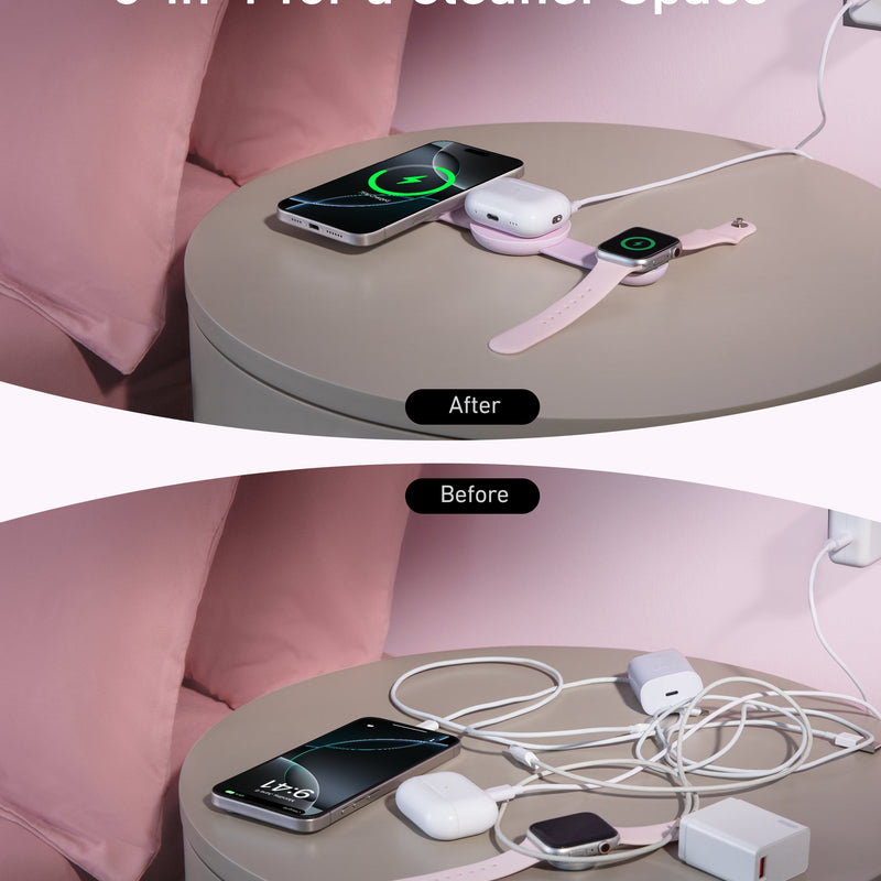Anker MagGo wireless charging station 3-in-1 foldable pad with black stone finish and power adapter for smartphones and accessories.