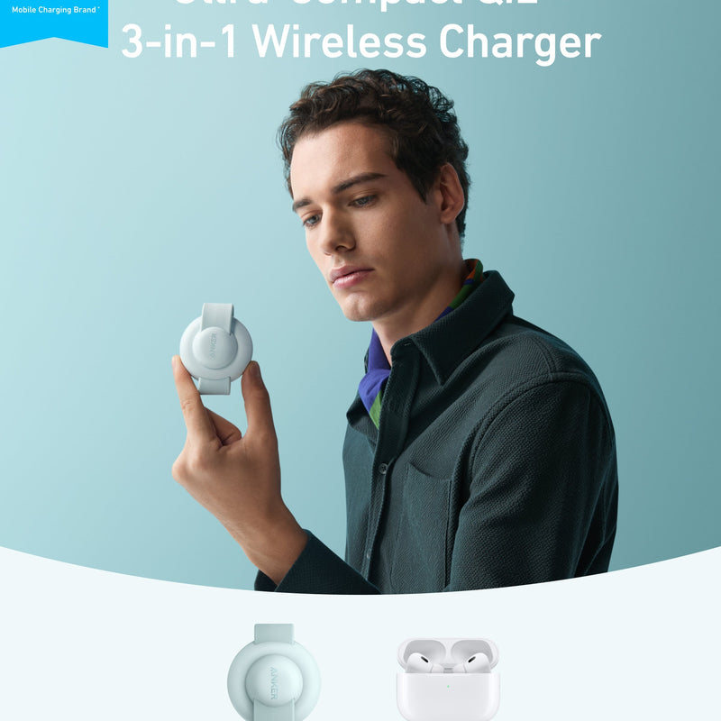 Anker MagGo 3-in-1 wireless charging station with foldable pad, black stone finish, and charging adapter on a flat surface.
