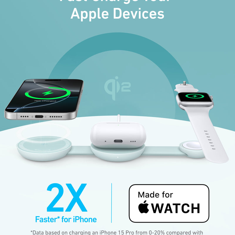 Anker MagGo 3-in-1 wireless charging station with foldable pad and black stone finish, including charging adapter.
