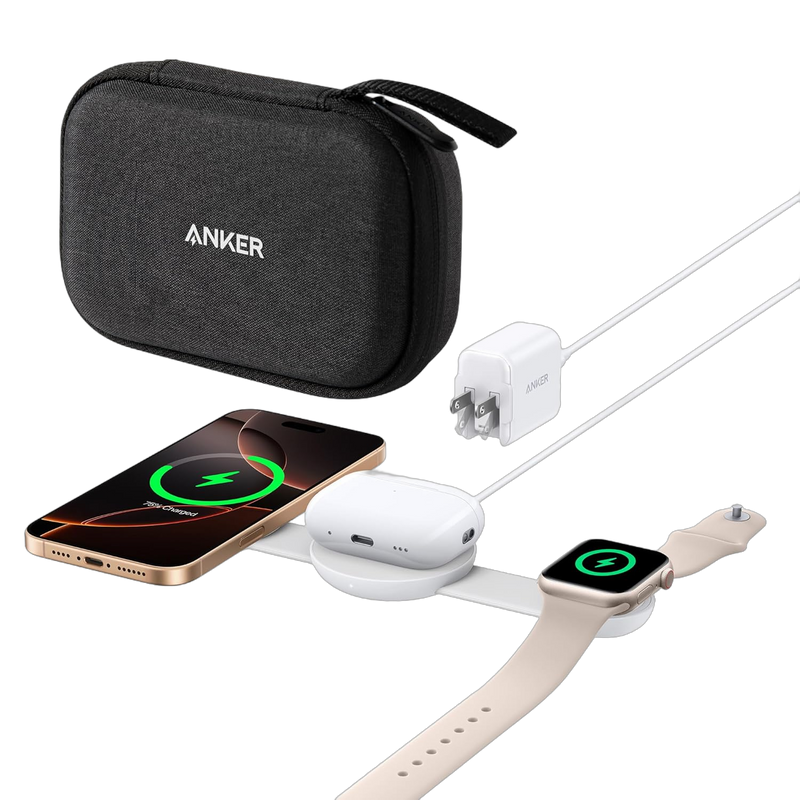 Anker MagGo 3-in-1 wireless charging station with foldable pad, black stone finish and included charging adapter.