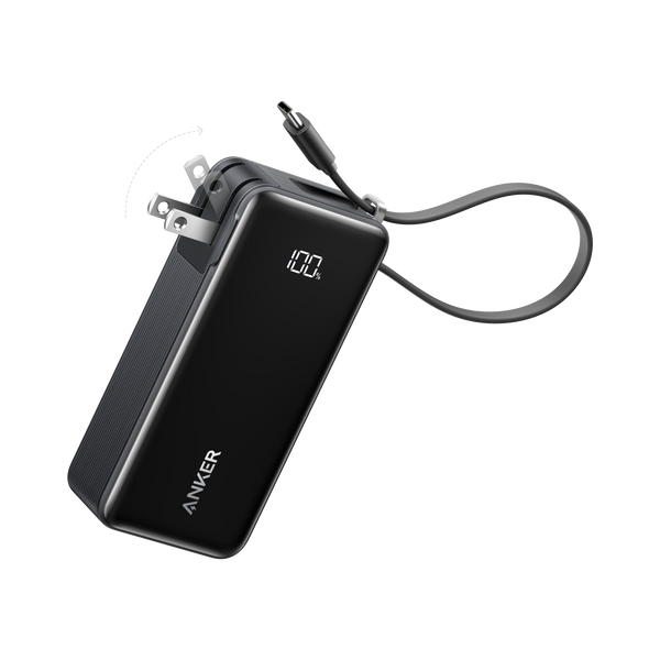 Anker Power Bank 10K Fusion with built-in USB-C and USB-C cables in black, portable external battery for charging devices.