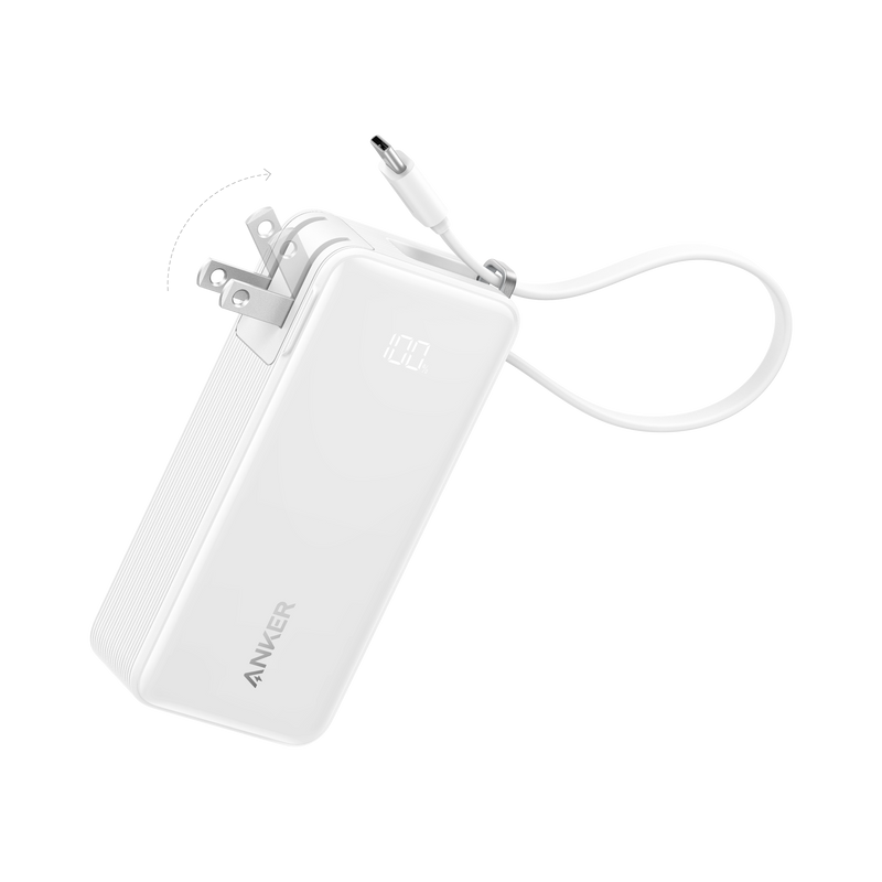 Anker Power Bank 10K Fusion with built-in USB-C cable in black, compact portable charger for smartphones and devices.