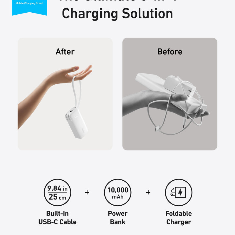 Anker Power Bank 10K with built-in USB-C to C cable in black, compact portable charger with fusion design and integrated cable.