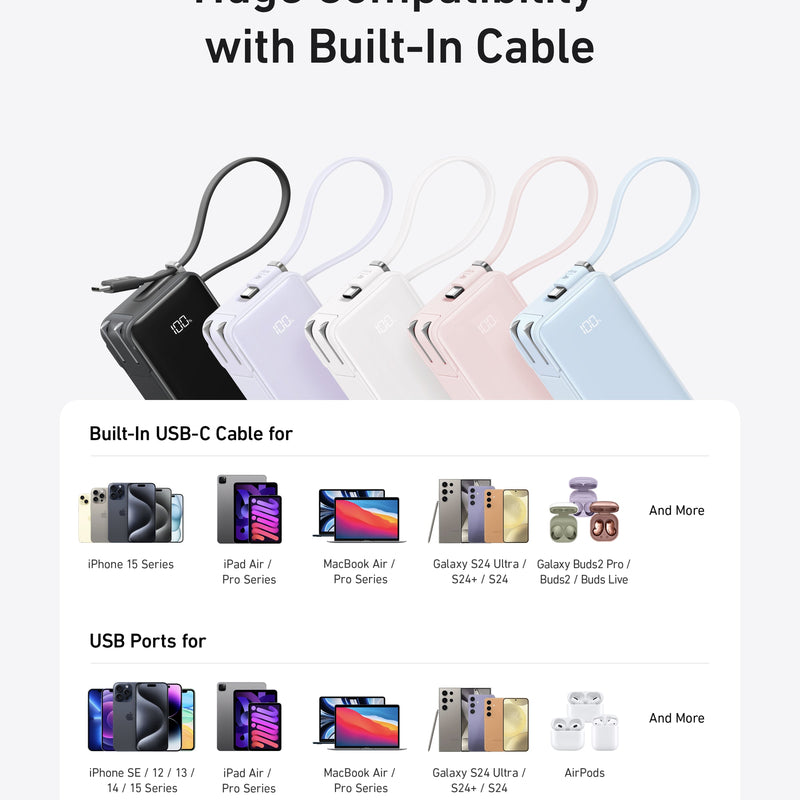 Anker Power Bank 10K Fusion with built-in USB-C cable, black portable charger for mobile devices.