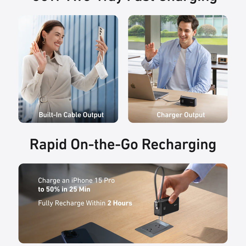 Anker Power Bank 10K Fusion with built-in USB-C cable in black, portable device for charging on the go.