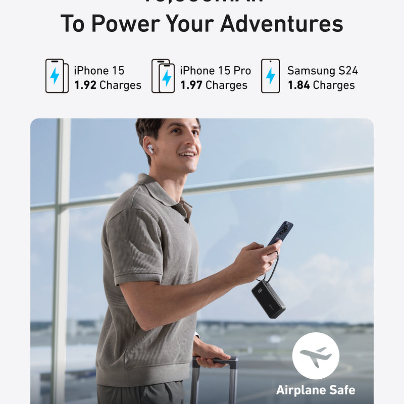 Anker Power Bank 10K Fusion with built-in USB-C cable in black, compact portable charger for smartphones and devices.
