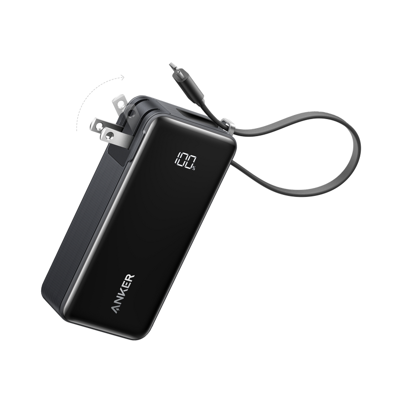 Anker Power Bank 10K Fusion with built-in USB-C cable in black, portable portable charger with integrated cable design.