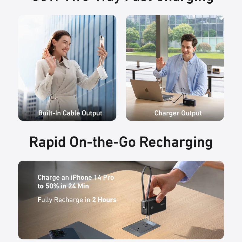 Anker Power Bank 10K Fusion with built-in USB-C cable in black, portable portable charging device with integrated cable.