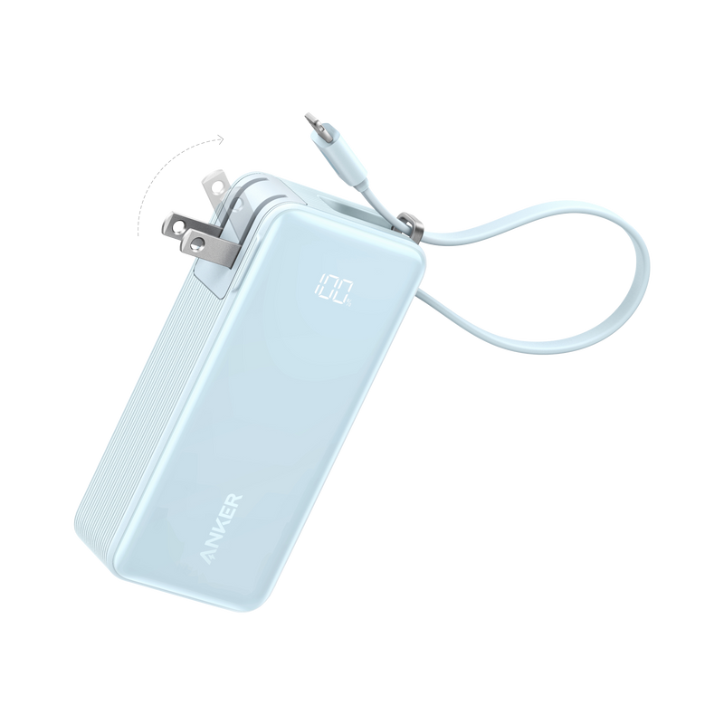 Anker Power Bank 10K with built-in USB-C cable in truffle black, compact portable charger for charging devices on the go.