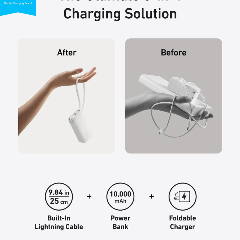 Anker 10K Fusion Power Bank with built-in USB-C cable in black, portable device for charging on the go.