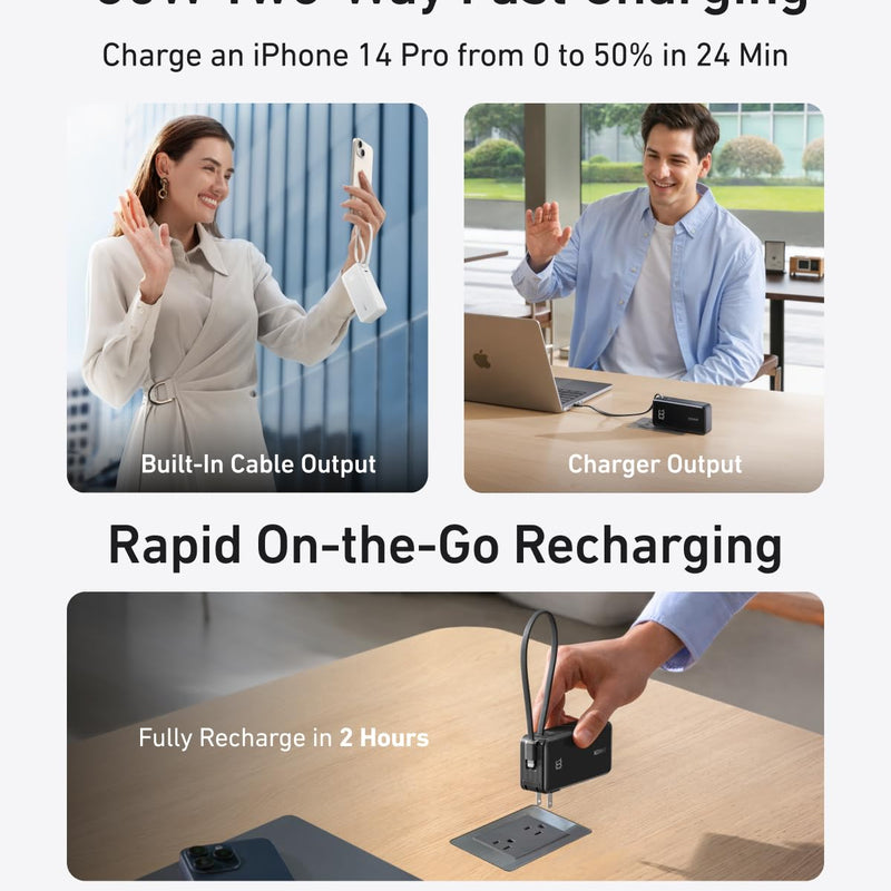 Anker Power Bank 10K Fusion with built-in USB-C to USB-C cable in black, portable charging device with integrated cable